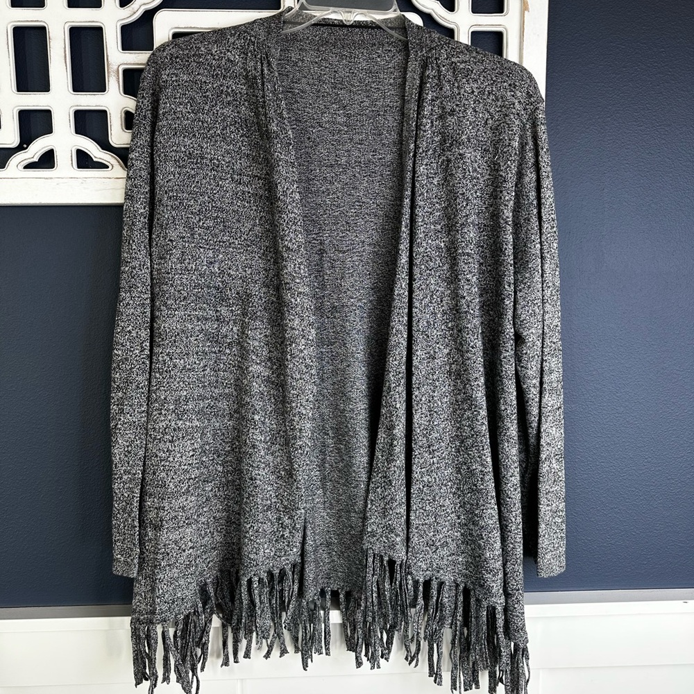 Gray Fringe Open Cardigan Sweater 2X